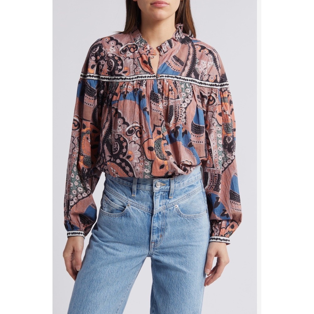 Cleobella Blouse Womens XS Multi Excellent Paisley Organic Cotton Ruffle Top
